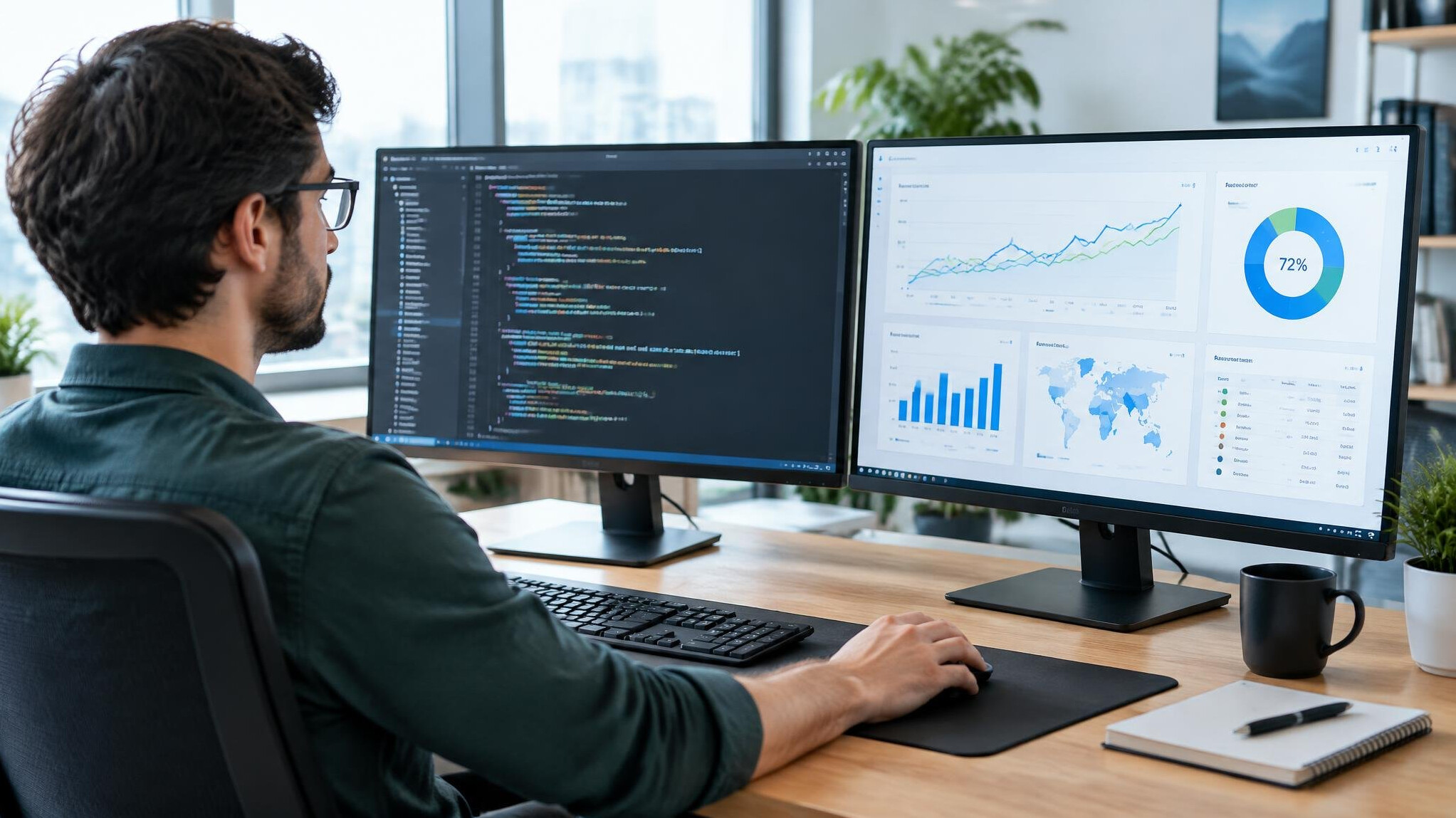 Developer working at a dual monitor setup displaying code and dashboards