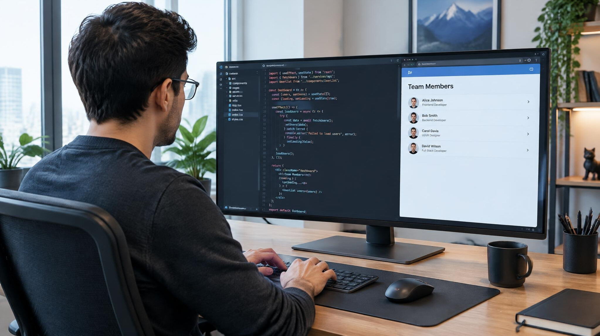 Developer coding a web application on a large monitor