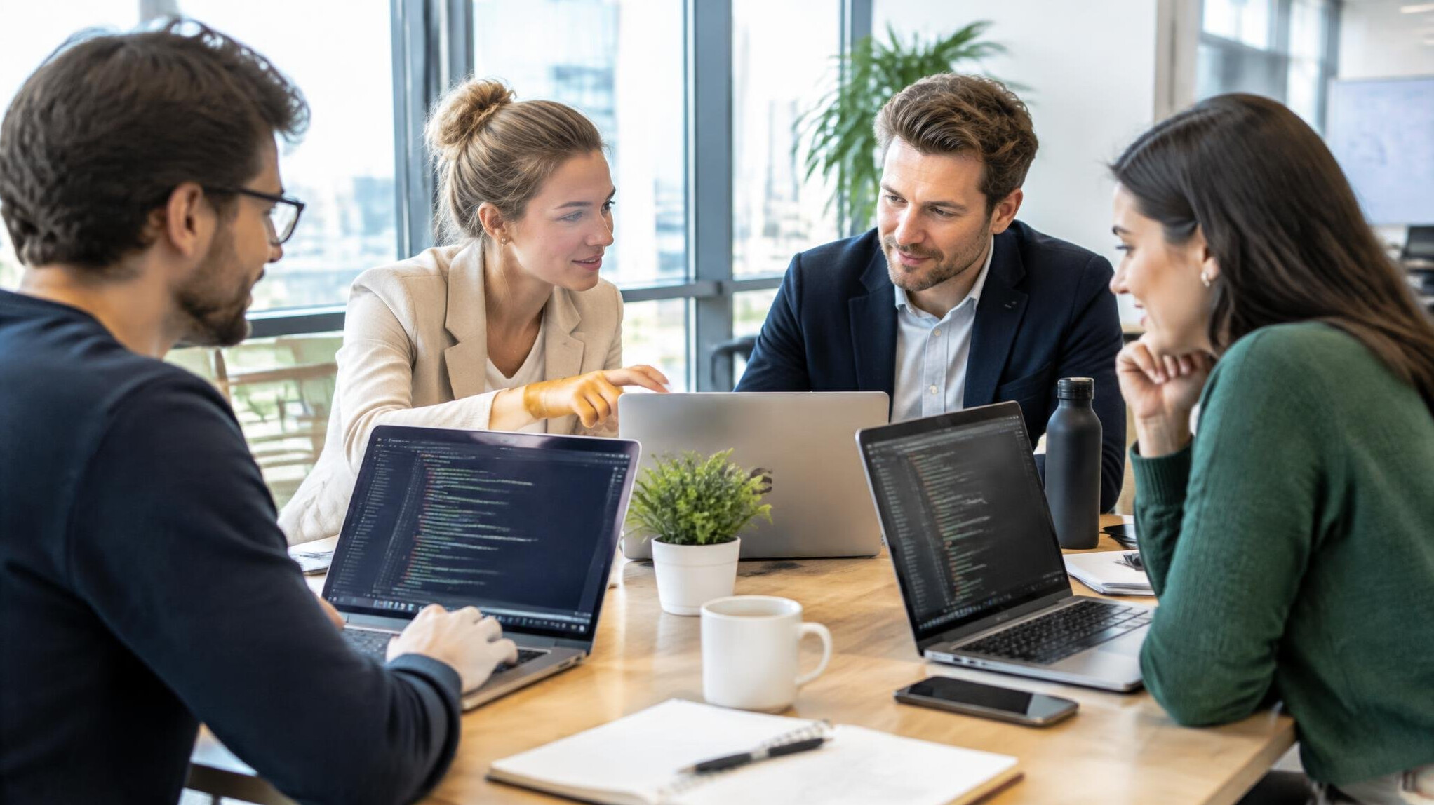 Diverse business team collaborating around laptops displaying code in a modern office